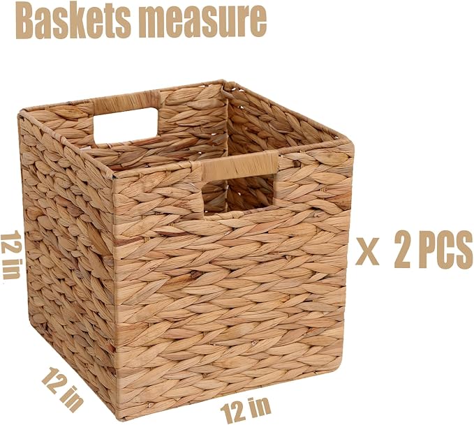 12x12x12 Inch Wicker Storage Basket Set of 2 Foldable Hyacinth Storage Box | Handmade Woven Basket for Closet,Shelf Organization & Decor - Natural
