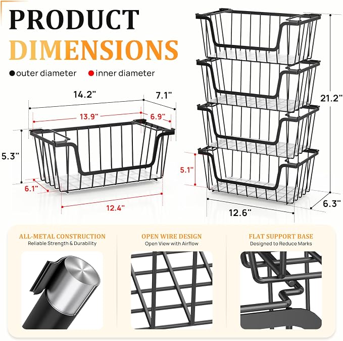 SUNALLY Stackable Storage Bins 6 Pcs Wire Baskets Freezer Organizer, Black | Pantry Organizers Storage, Vegetable Fruit Storage Basket for Countertop, Kitchen Baskets for Onion Potato Snack Cans Storage