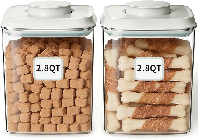 2 Pack Airtight Dog Food Storage Containers, 2.8 QT Each, One-Touch Pop Lids, BPA-Free | Clear Stackable Canisters for Pet Food & Cat Treats