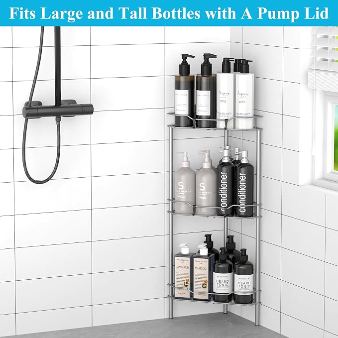HuggieGems 3 Tier Floor Standing Corner Shower Caddy Organizer Shelf with Hooks, Bathroom Shelves Stand Rack, Gray