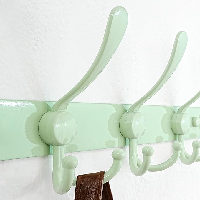 Dseap Coat Rack Wall Mounted - 5 Tri Hooks, Heavy Duty, Stainless Steel, Metal Coat Hook Rail for Coat Hat Towel Purse Robes Mudroom Bathroom Entryway, Green