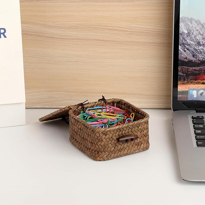 Small Wicker Basket with Lid, Square Seagrass Organizer | Handwoven Compact Storage Box for Key, Jewelry, Decorative Box for Shelf, Home Decor, 3.5"L x 3.5"W x 2"H