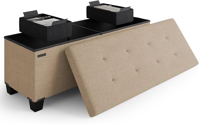 Storage Ottoman Bench with Bins, 43-in Storage Bench for Bedroom End of Bed, Folding Foot Rest Ottoman for Living Room Max 660lbs, Fabric Ottomans, Taupe