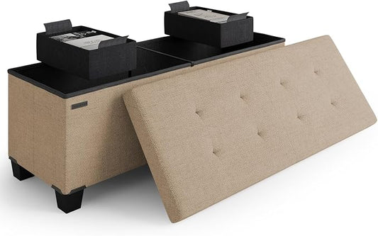 Storage Ottoman Bench with Bins, 43-in Storage Bench for Bedroom End of Bed, Folding Foot Rest Ottoman for Living Room Max 660lbs, Fabric Ottomans, Taupe