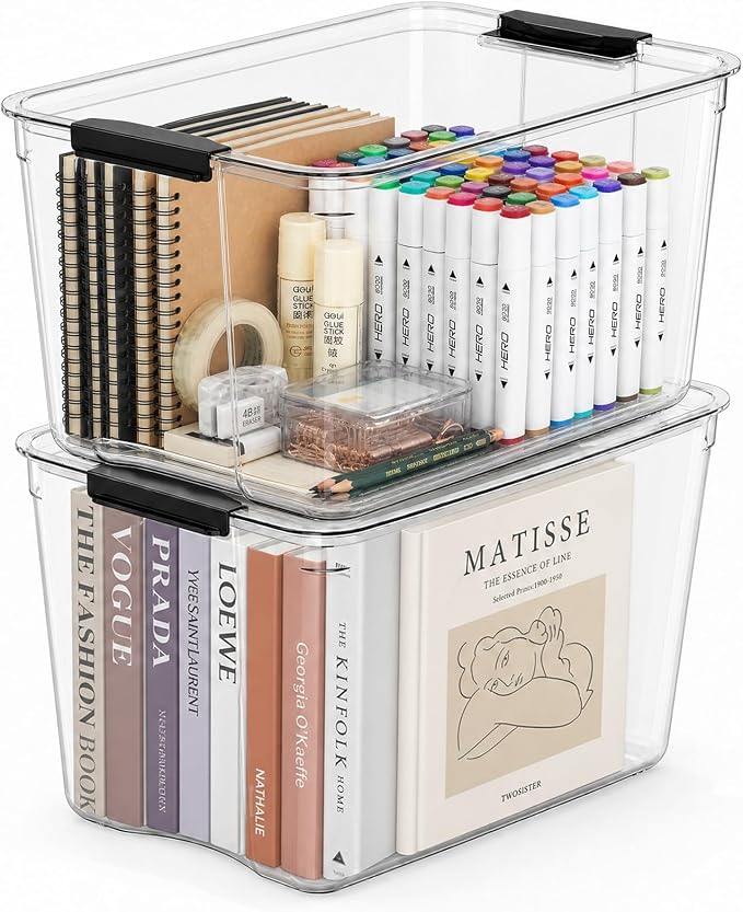 54Qt Stackable Storage Bins with Lids,Clear Latching Organizer Boxes,2-Pack | Craft Box with Buckle Clips, Dustproof Durable Storage Containers for Closet Organization, for Office, Arts & Crafts Supplies