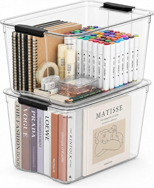 54Qt Stackable Storage Bins with Lids,Clear Latching Organizer Boxes,2-Pack | Craft Box with Buckle Clips, Dustproof Durable Storage Containers for Closet Organization, for Office, Arts & Crafts Supplies