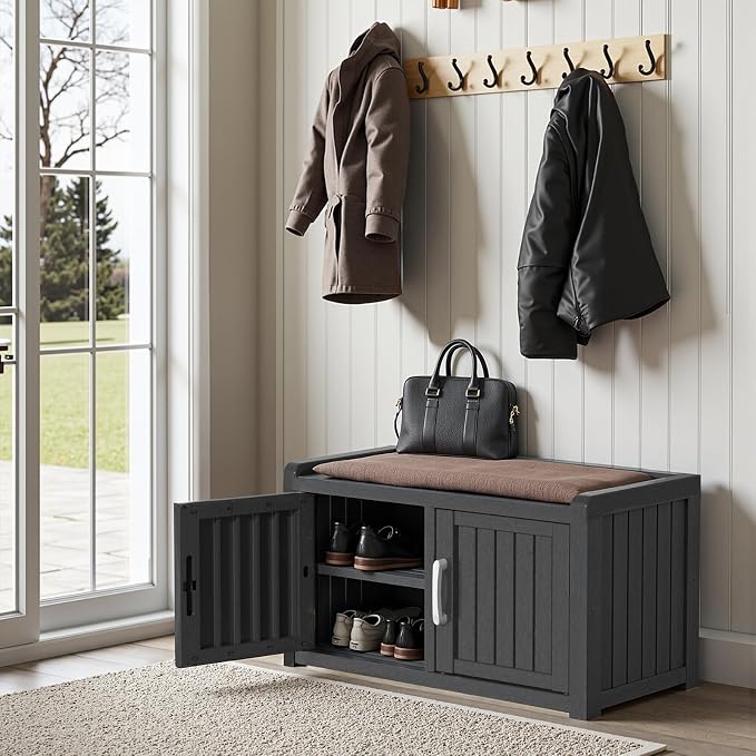 ROJIK Shoe Cabinet Storage Bench Indoor Outdoor, Waterproof UV-Resistant Resin Entryway Furniture with Adjustable Shelves for Hallway, Living Room and Bedroom (Double Door,Black)