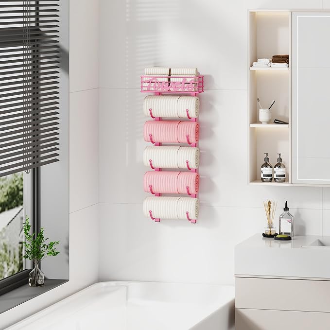 SWTYMIKI Hanging Towel Racks for Bathroom - 9 Tier Over the Door & Wall Mounted Bath Rolled Towel Storage for Women Girl, Door Towel Organizer Holder for Small Bathroom, RV, Camper
