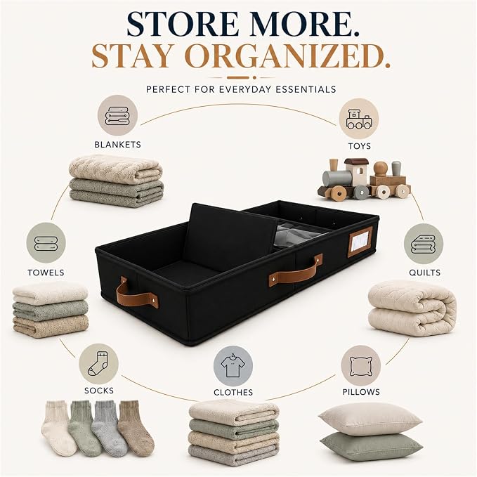 2pc Under Bed Storage Containers, Bedroom Under the Bed Drawer Storage Organizer with Bins and Lids, Medium Underbed Clothes Storage Box Ideal for Blanket, Fabric, & Shoes (Black)