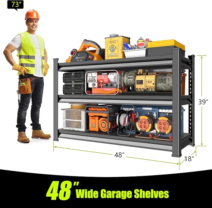 3-Tier Garage Shelving Heavy Duty,48”W x 18”D x 39”H Metal Shelving Unit，1620 lbs Weight Capacity Adjustable Storage Shelves for Retiple Tanks, Pantry, Garage，Black