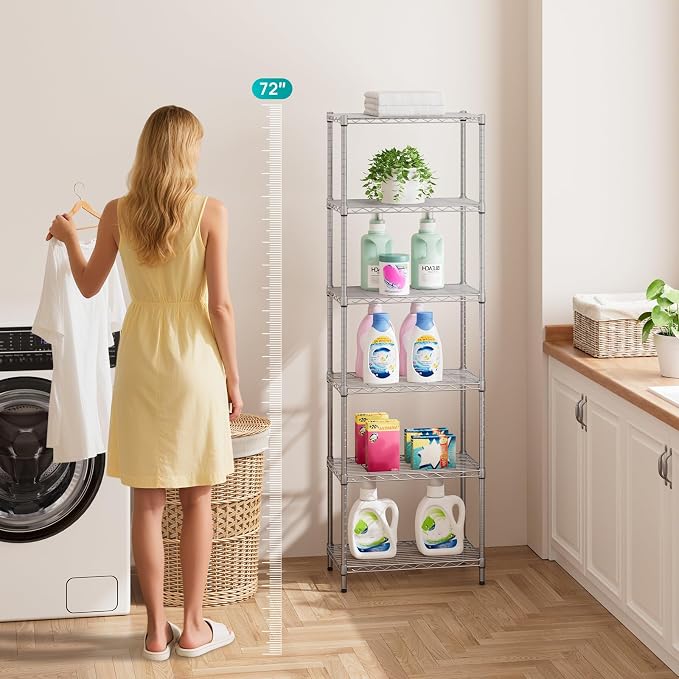 SINGAYE 6 Metal Shelves Wire Shelving Storage Shelf Adjustable Unit Pantry | 6 Tier Kitchen Laundry Room Organization Home Pantry Closet Bathroom Organizers Garage Rack 12" D x 22" W x 69.5" H Gray