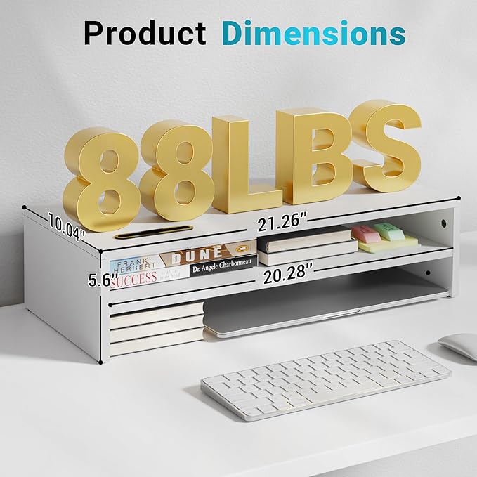 BONTEC Wood Monitor Stand Riser, 2-Tier Desktop Organizer | Ergonomic Computer Stand for Desk, Cable Management, Cellphone Holder, 21.3 Inch Shelf, White