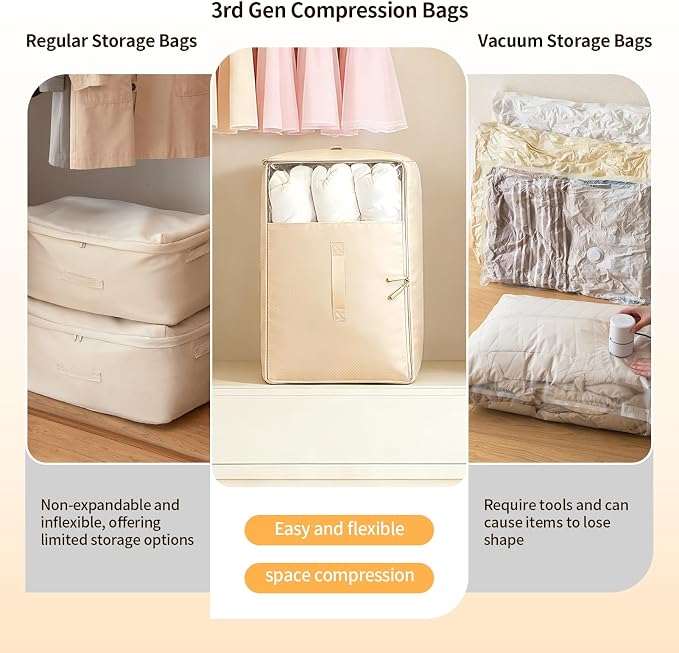 6 Pack Upgrade Comforter Storage Bag with Handle, Space Saving 3-Layer Adjustable In 3 Sizes (142L, 107L, 71L), Compression Blanket Storage Bags, Washable Bedding Organizer For Pillow Duvet Clothing