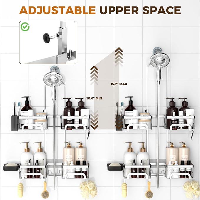 REINHARDT Split Shower Caddy Hanging for Handheld Showerheads, Silver | Adjustable Shower Organizer, Rustproof, 16 Hooks, Soap Holder, 40lbs Capacity, Anti-Slip, Tool-Free, Bathroom Accessories