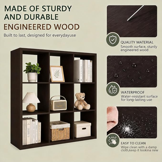 CTESNE【Wooden Thick Frame 9 Cube Storage Organizer Shelf with Anti-Tipping Kits + Reversible Open Back Bookcase, Horizontal and Vertical Dual-use Standing Bookshelf（Chocolate,13inch）