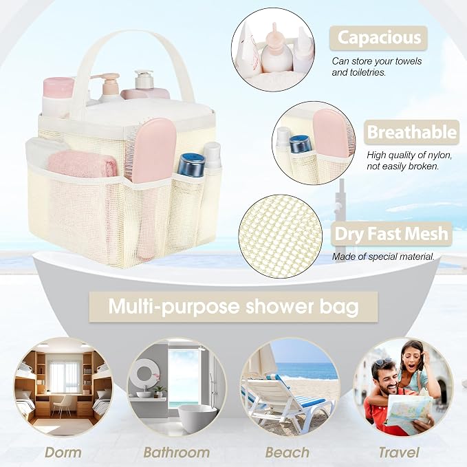 Mesh Shower Caddy Portable - 9 Pockets for College Dorm Room Essential | Large Capacity Mesh Shower Caddy with 9 Pockets, Portable Hanging Toiletry Bag for College Dorm, Gym, Camping and Beach