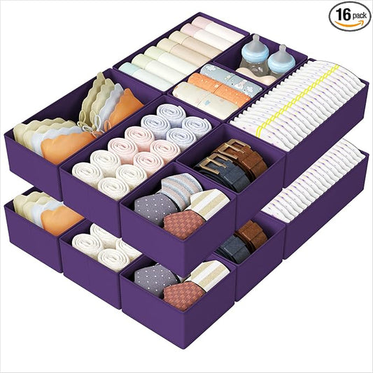 DIMJ Drawer Organizers Clothes, Set of 16 Dresser Organizer Bins, Fabric Closet Organizers and Storage, Shallow Drawer Dividers for Nursery, Clothing, Baby Clothes, Socks, Underwears, Tie (Purple)