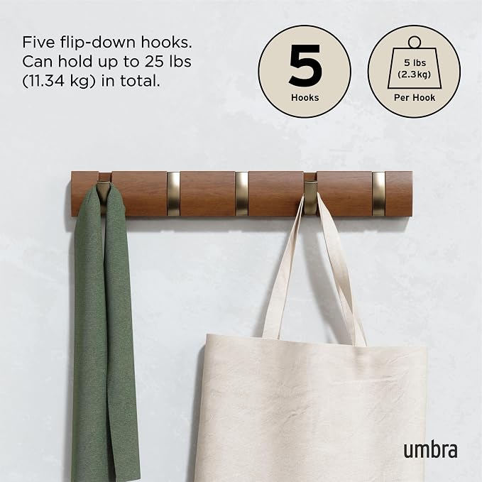 Umbra Flip Coat Rack, Wall Mounted 5-Hook Space Saving, Walnut/Gold | Real wood and steel build, retractable hooks fold flat, holds coats bags and scarves, easy install