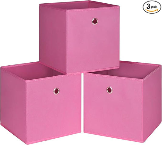 Foldable Storage Cubes Bins ,11 Inch Cloth Storage Cube Fabric Storage Box Cubes Organizer Baskets with Handles for Home Organizer Set of 3 (Pink)