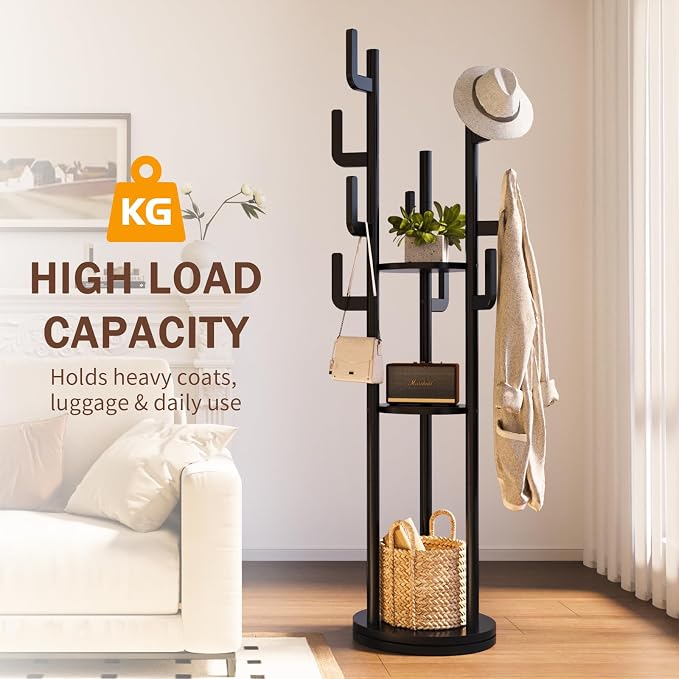 Yoobure Rotary Coat Rack Freestanding - Solid Wood Coat Tree with 9 hooks & 3 Storage Shelves for Purse, Bag, Jacket, Hat, Corner Hanger Stand Racks for Hall, Entryway, Office, Clothes Holder, Black