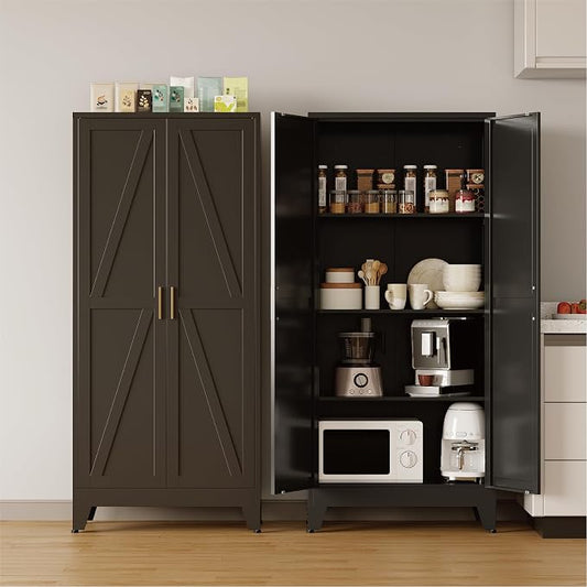 COFaR 61'' Tall Metal Storage Cabinet, Farmhouse Kitchen Pantry Cabinet with Doors and 3 Adjustable Shelves, Black Metal Cabinets for Garage, Kitchen, Bathroom, Laundry, 4-Tier