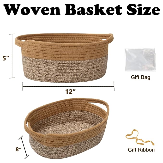 Woven Rope Basket - Baby Gift Basket with Bag & Ribbon, Jute&Brown | Cotton rope with handle, 12 x 8 x 5 in, gift bag and ribbon, for baby shower, birthday, toy storage, nursery, shelf decor