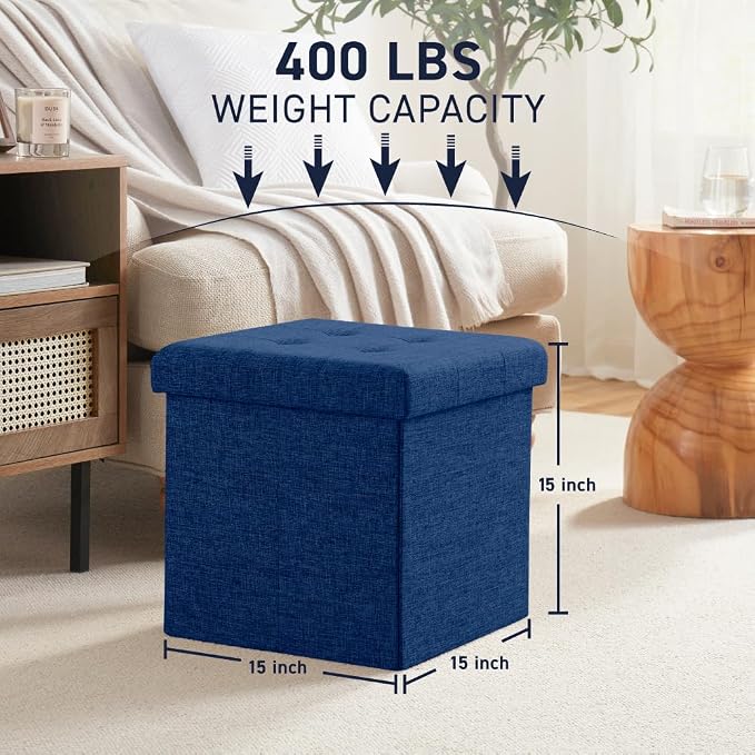 Ornavo Home 15 Inch Folding Storage Ottoman Cube, Tufted Linen, Navy Blue | Upholstered Cube with Lid; Foot Rest Stool; Ideal for Bedroom, Living Room or Entryway