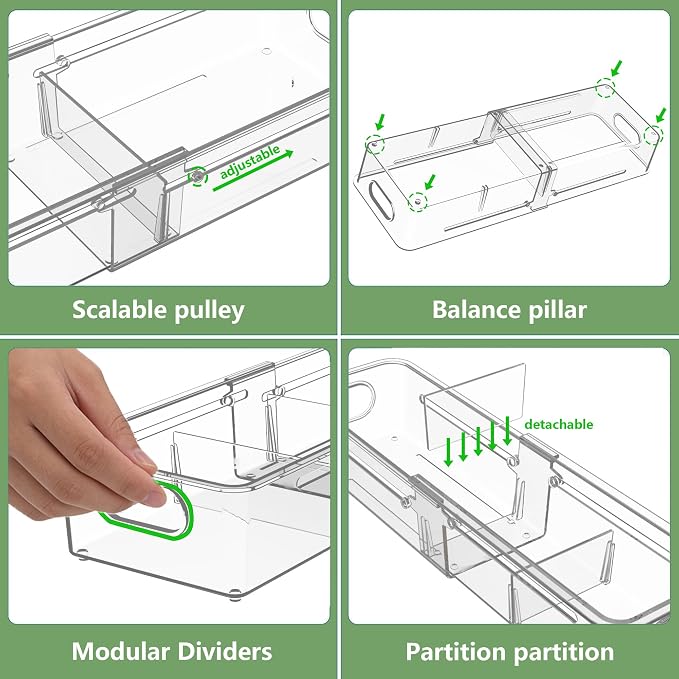 BLULEE 4-in-1 Expandable Drawer Organizer Set, Adjustable Clear Bins | with Dividers for Kitchen, Bathroom, Vanity & Office, Scalable Trays for Cosmetics, Utensils & Desk Accessories (8 Pcs)