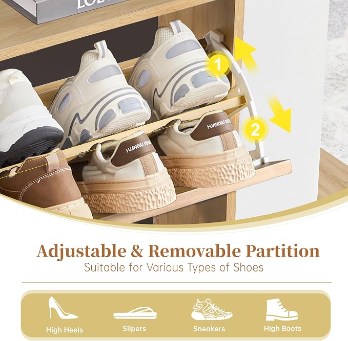 BERRYMERRY 51.2" Tall Shoe Storage Cabinet with 3 Flip Drawers for Entryway | narrow,entryway,adjustable feet,24 pairs shoe,shoe organize,hidden shoe rack,fluted panel,wave pattern,wood,space saving