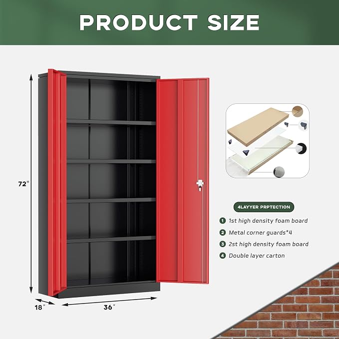 Greenvelly Metal Garage Storage Cabinet, 72" Black Red Tool Steel Locking Cabinet with Doors and 4 Shelves, Tall Cabinets for Garage Storage Systems Lockable File Cabinet for Home Office,Garage