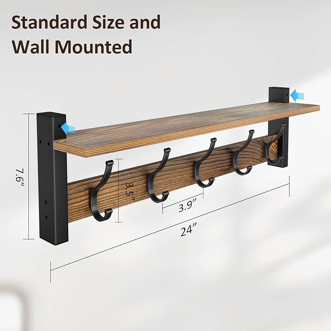 Optish Coat Rack Wall Mount with Shelf, 24 Inch Coat Hanger Walls Mounted, Hat Rack for Walls, Shelf with 5 Coat Hooks, Wall Hanger for Entryway (Brown)