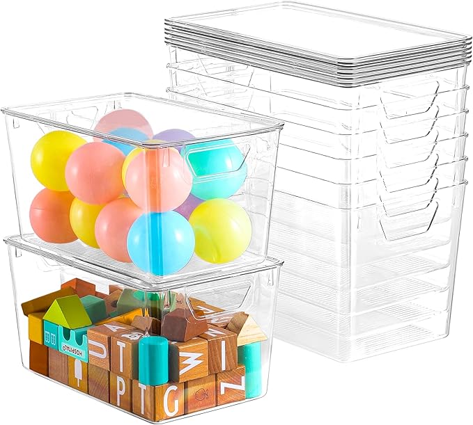 Freebat 6 Pack Clear Storage Bins with Lids, 7 Quart Pantry Organizer Bins | Stackable Plastic Storage Containers, Pantry Organization for Office, Bedroom, Cabinet, Fridge,Kitchen Organization