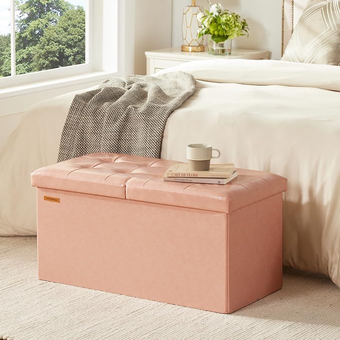 HAUSFRAU Ottoman with Storage Bench Folding Foot Rest Stool Pink | 30", Flip Lid, Faux Leather, Upholstered Foldable Footrest Footstool, Bedroom Bench, Living Room Dorm Ottoman, Rectangle
