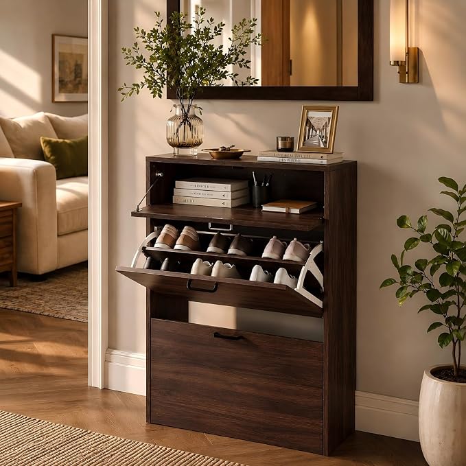 VINGLI Shoe Cabinet Storage for Entryway,Walnut Narrow Wood Shoe Rack,25" W | 8–12 Pairs,Skirting Board Cutout,Drop-Down Drawer,9.4"D Slim,Walnut,2 Flip Drawers,Adjustable & Removable Shelf,Freestanding