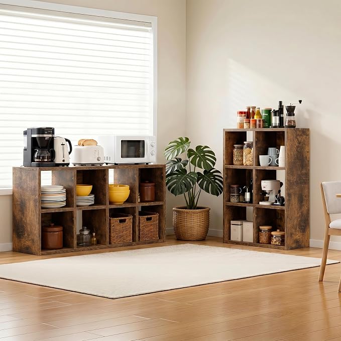 LUCKLIFE 6-Cube Storage Organizer, Stackable Modular Bookcase Shelf with Vertical or Horizontal Use, Fits 11×11" Bins, Optional Back Panels, for Living Room, Office, Rustic Brown