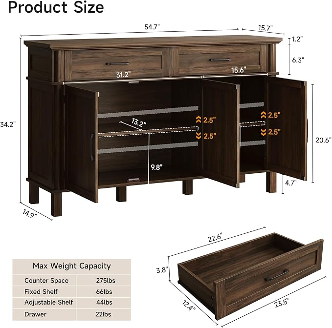 55 Inch Buffet Cabinet with Storage, Farmhouse Sideboard Buffet w/2 Drawers and 3 Doors, Wood Coffee Bar Cabinet with Adjustable Shelves, Sideboard Storage for Kitchen, Living Room, Walnut