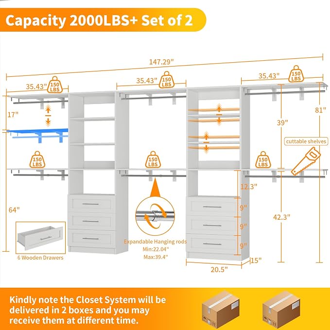 Closet System with 6 Wood Drawers, 6-12FT Closet Organizer System with Cuttable Shelves for Walk in Closet with 6 Expandable Hanging Rods, Heavy Duty Built-in Closet for Bedroom, White