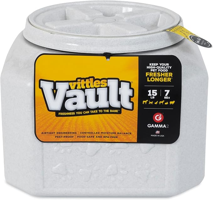 Gamma2 Vittles Vault Dog Food Storage Container with Airtight Lid, holds up to 10-15 Pounds of Dry Pet Food, Cat Kibble and Bird Feed, BPA Free, Made in USA, Without Scoop