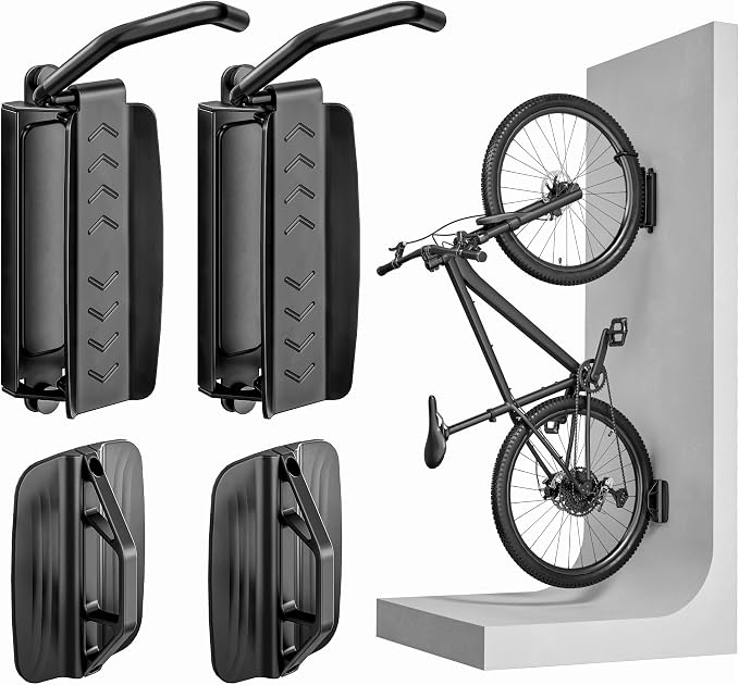 Bike Wall Mount for Garage, Holds 77lbs,Swivel Indoor Bike Storage, 2 Pack | Adjustable 65° angle for space-saving storage. Fits most bikes with tires under 3.15"H/3.5"W. Ideal for garage & entryway.