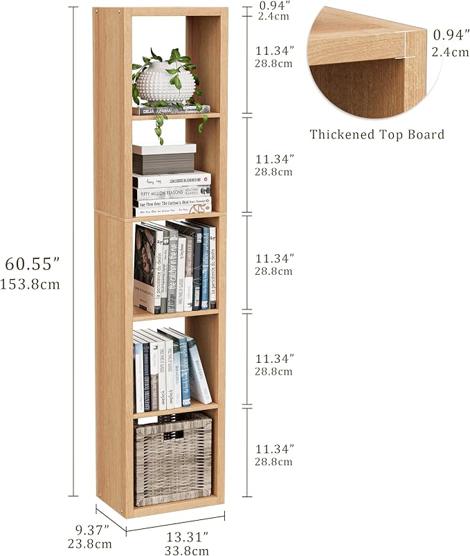 VDNEND Tall Cube Storage Organizer Bookcase, 5 Tier 11 inch Open Back Cubical Shelf with Thickened Border, Display Bookshelf for Living Room, Home Office, Sturdy Room (Natural Oak, 5 Cube,Vertical)