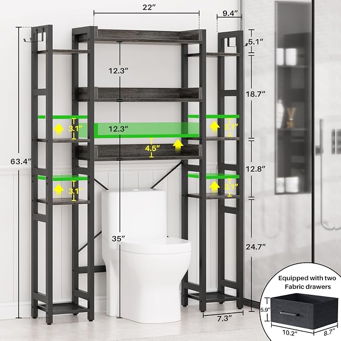 Besiost Over The Toilet Storage, 11 Tier Bathroom Organizer with Dual Side Racks and 2 Fabric Drawers, Adjustable Freestanding Rack Space Saver for Small Spaces, Grey Oak