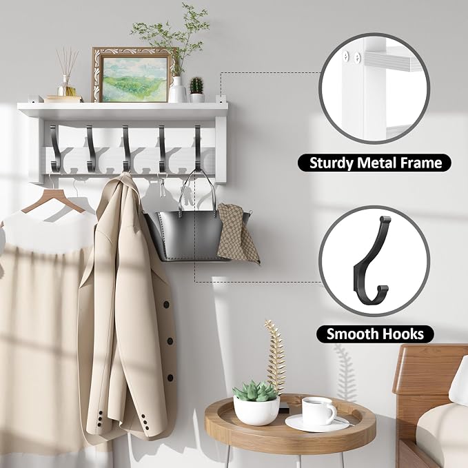 Optish Coat Rack Wall Mount with Shelf, 17.1 Inch Coat Hanger Walls Mounted, Hat Rack for Walls, Shelf with 5 Coat Hooks, Wall Hanger for Entryway (White)