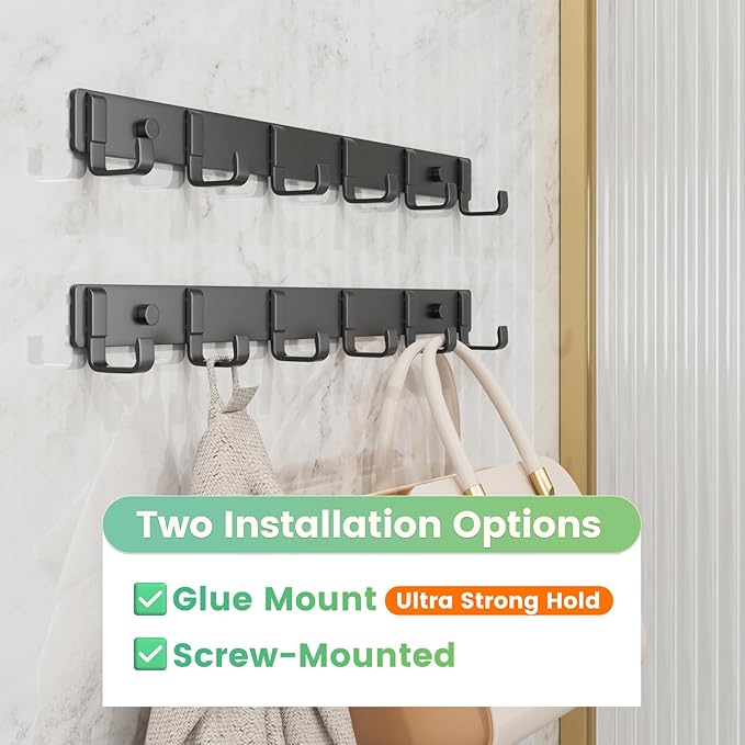 16-Inch Wall Mount Coat Rack with 6 Hooks, Compact Hooks for Hanging Coats, Hats, Bags and Purses in Entryway, Bedroom, Bathroom or Closet, Install with Strong Glue or Screws (3-Pack)