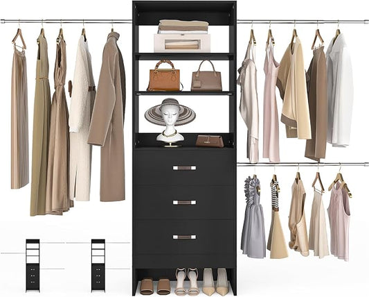 Besiost 96'' Closet Organizer System with 3 Hanging Rods, 8FT Closet Organizers and Storage with 3 Wooden Drawers, Built in Closet Organizer Systems, Adjustable Walk-in Wardrobe from 5-8FT, Black