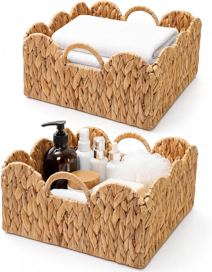Scalloped Edge Wicker Basket, Hand-woven Rattan Storage Baskets with Built-in Handles, Water Hyacinth Basket for Organizing and Decor, 2 Pack (11 ½" L X 11 ½" W X 5 ¾" H)