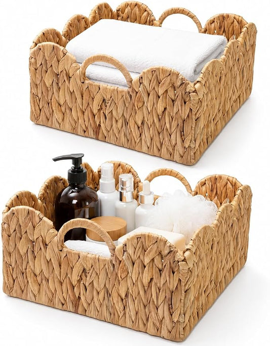 Scalloped Edge Wicker Basket, Hand-woven Rattan Storage Baskets with Built-in Handles, Water Hyacinth Basket for Organizing and Decor, 2 Pack (11 ½" L X 11 ½" W X 5 ¾" H)