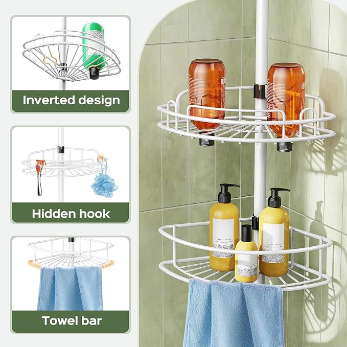 HAMITOR Corner Shower Caddy Tension Pole: Rustproof Bathroom Organizer Shelves for Bathtub Shampoo Accessories Storage Holder - 47.72-123.6 Inch Adjust - White