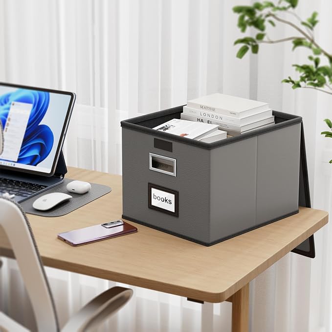 File Organizer Box with Lids, Collapsible File Folder Organizer | File Box with Plastic Slides for Document, Filing Bin for Letter Size Hanging File Folders (2 Pack, Dark Gray, Leather)