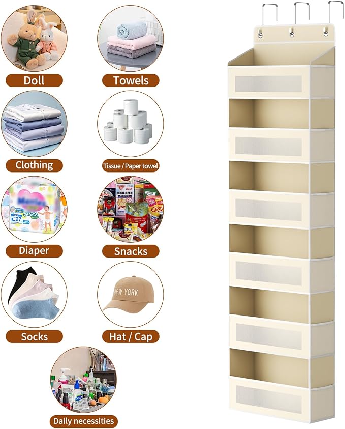 AQOOA 6-Tier Over The Door Organizer 44 lbs Capacity fit Standard Doors | Over the Door Storage 6 Large 12 Side Pocket Behind Door Storage, Closet Door Organizer Hanging Shelf, Beige