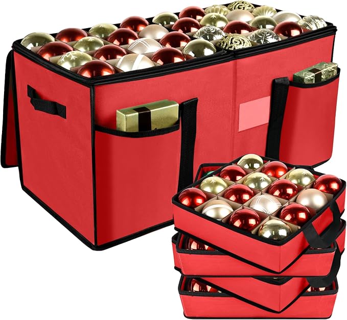 Christmas Ornament Storage Box with Dividers, Holds 128 Balls, Red | 600D Oxford Fabric, Adjustable Dividers, Removable Trays, Dual Zippers, Reinforced Handles